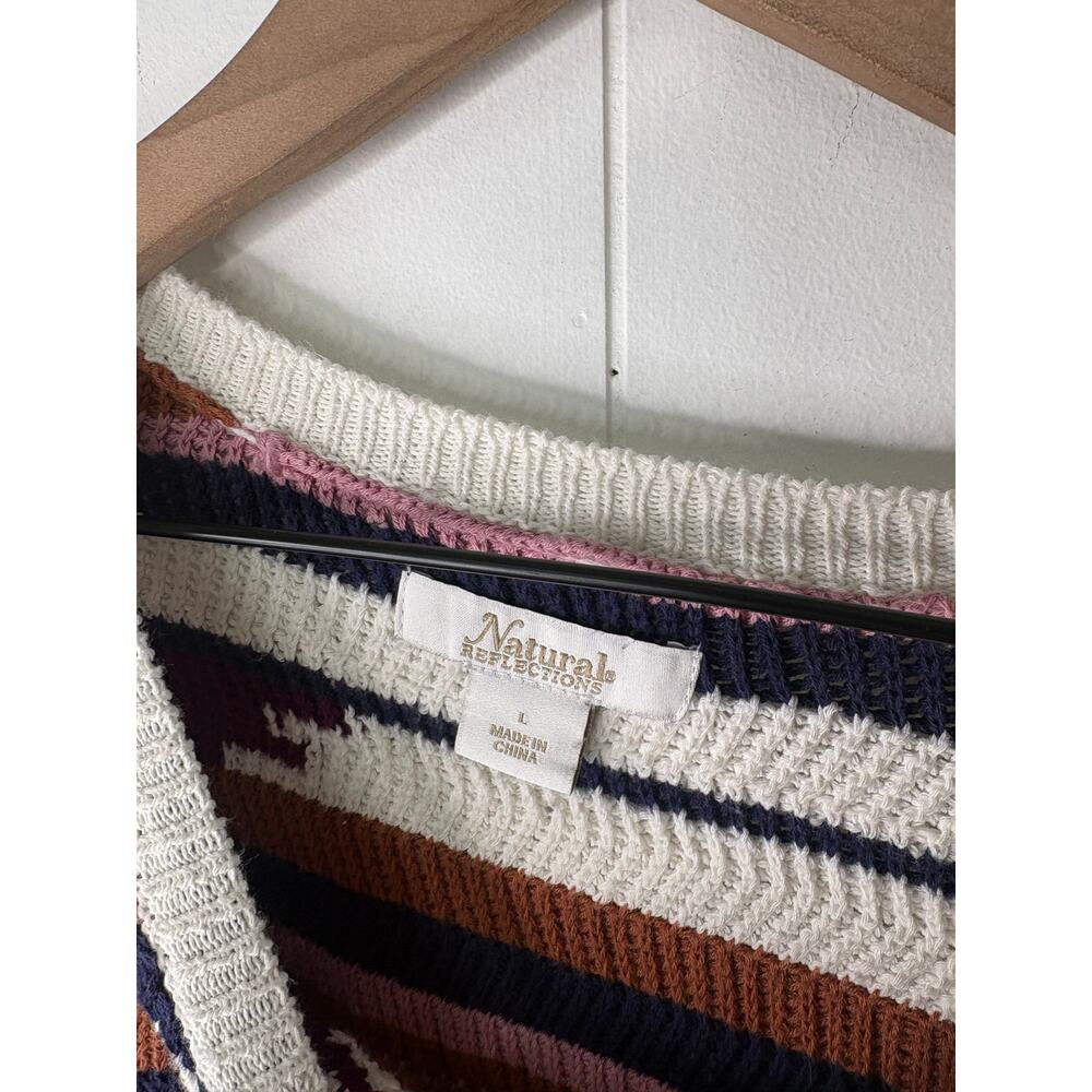 ☀️SALE☀️ Boho Stripe Chunky Knit Crewneck Sweater Large Mauve Cottagecore Cozy - Picture 7 of 7